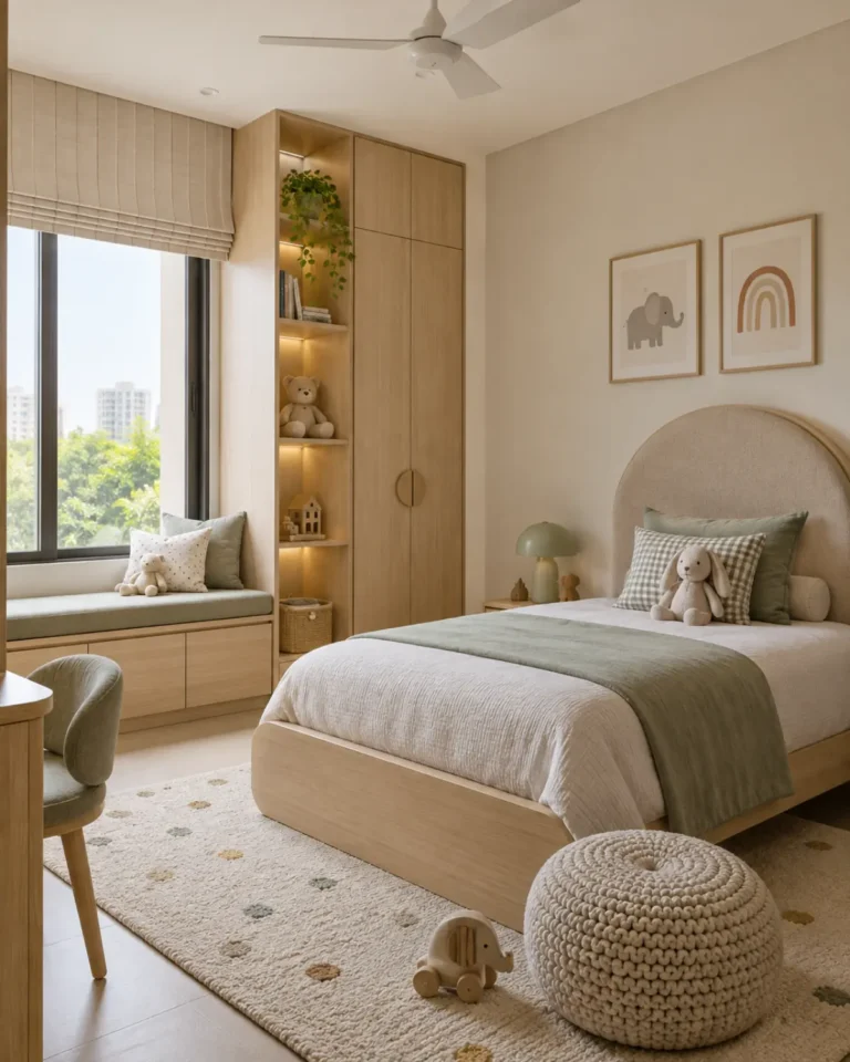 Serene Minimal kids bedroom design, single bed, low storage layout, for a home in Jayanagar