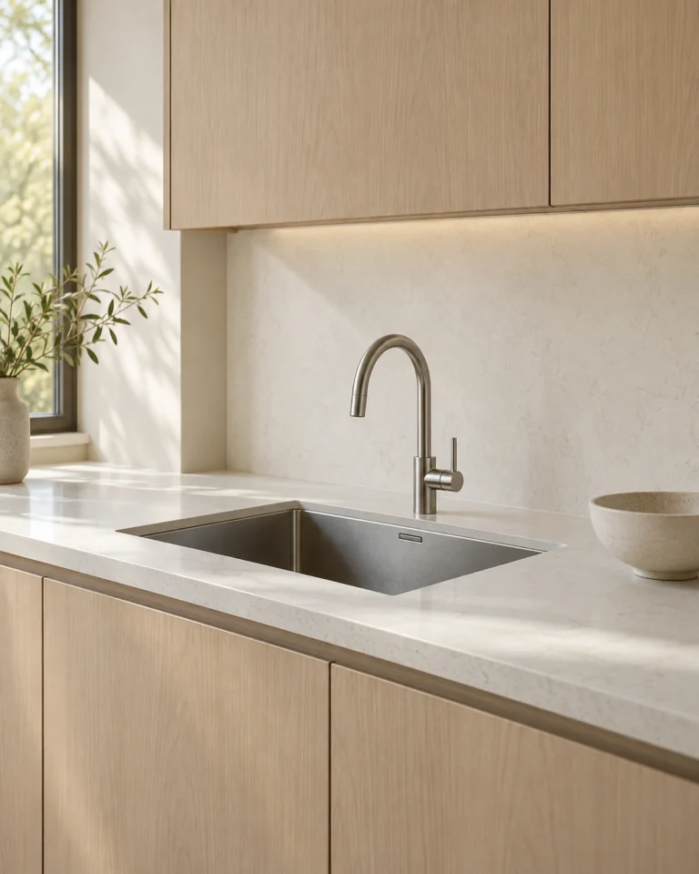 Serene Minimal kitchen sink design, single bowl, undermount layout, for a home in JP Nagar