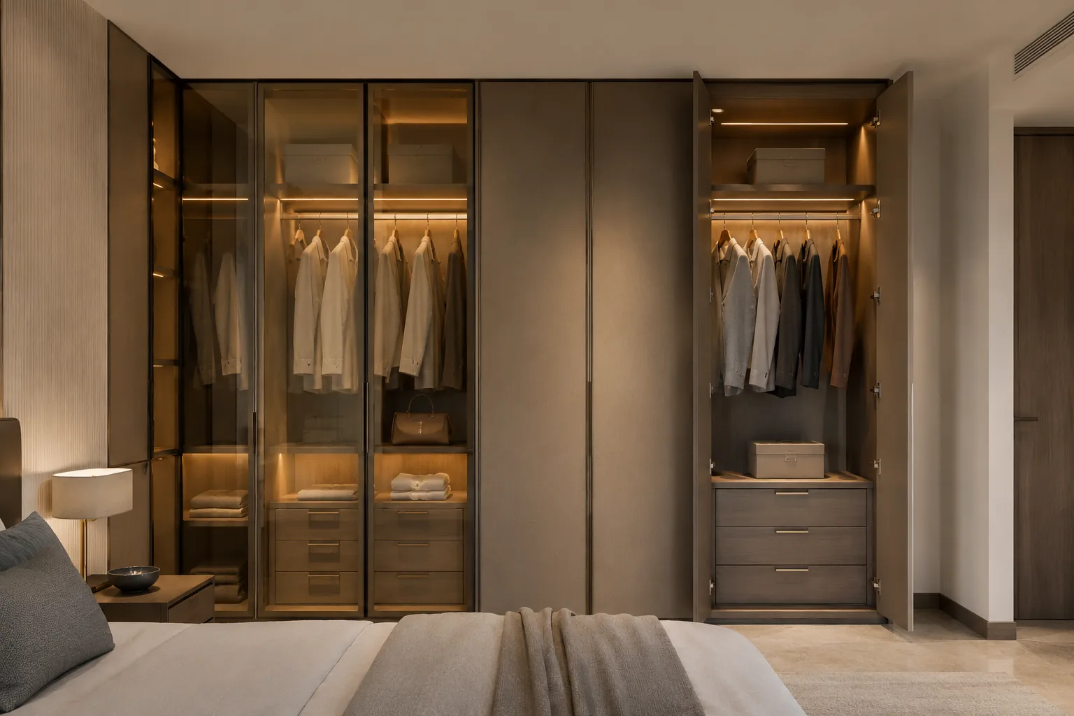 Teak heritage walk-in wardrobe with glass and cane-style fronts