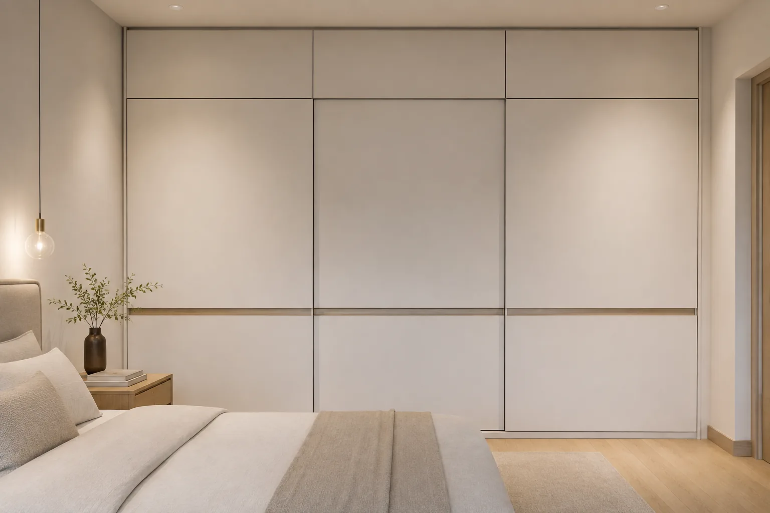 Minimal chalk and linen walk-in wardrobe wall