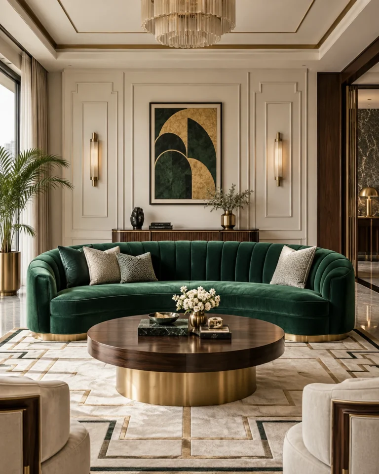 Art Deco Glam living room design, lounge with bar layout, for a home in JP Nagar