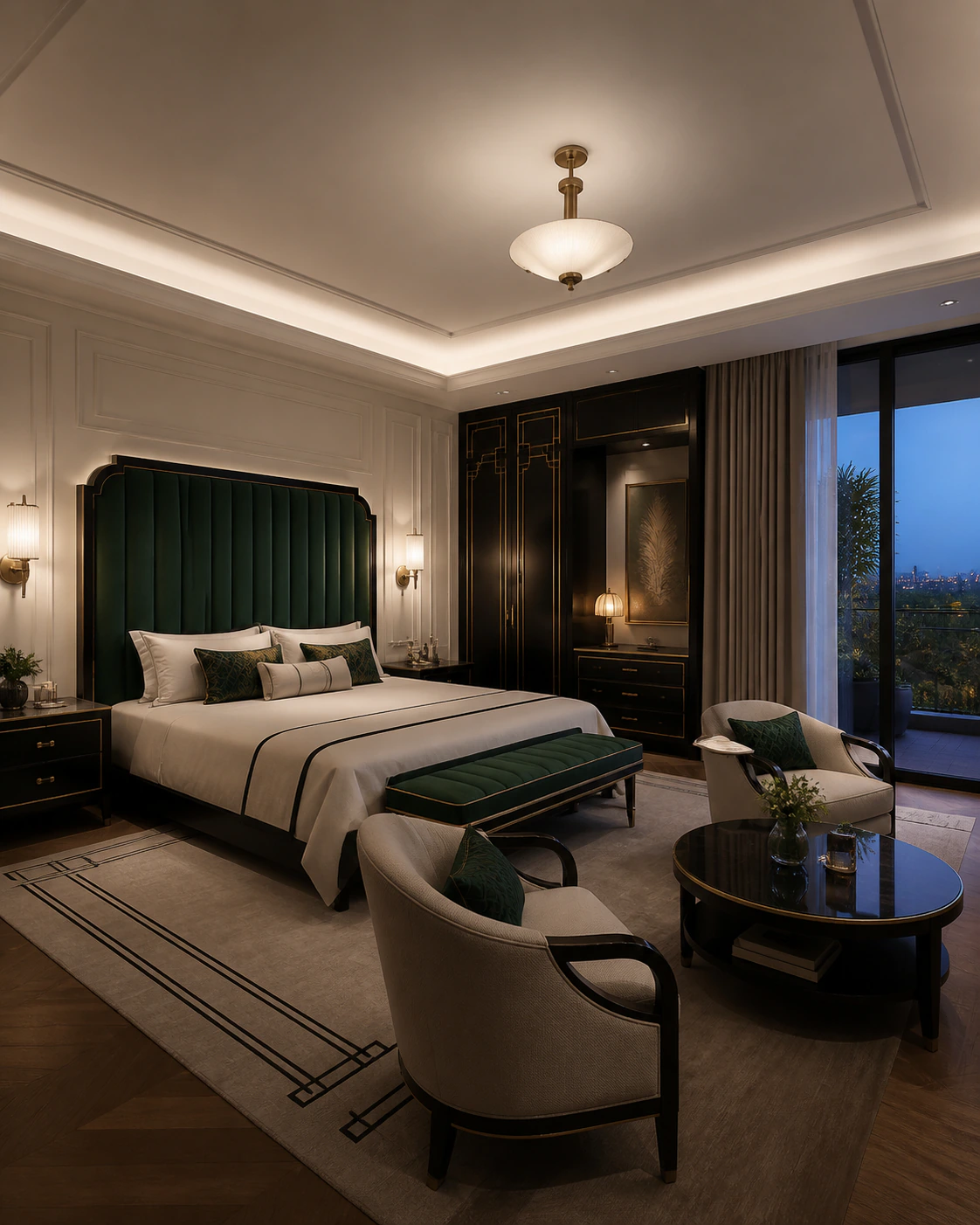 Full suite with lounge interior in the Art Deco Glam style