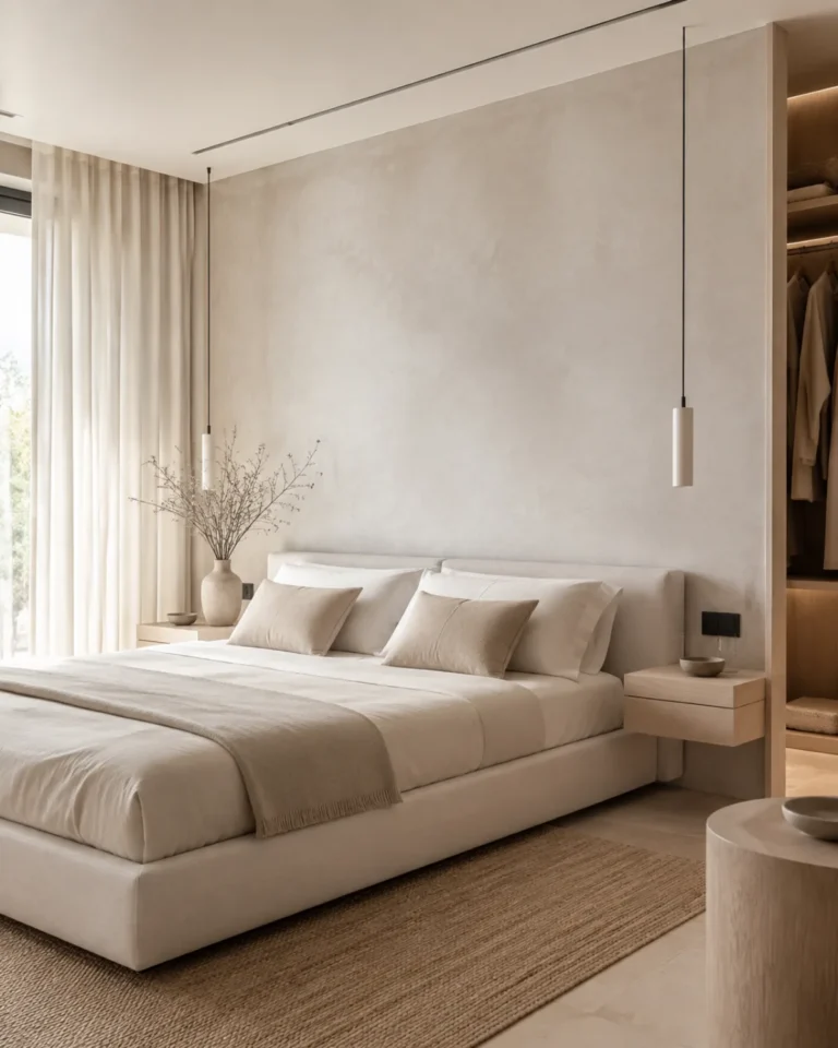 Serene Minimal master bedroom design, bed and wardrobe layout, for a home in Jayanagar