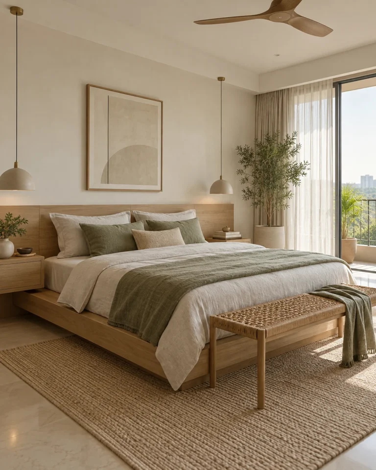 Indo-Scandinavian master bedroom design, compact, loft storage layout, for a home in Jayanagar