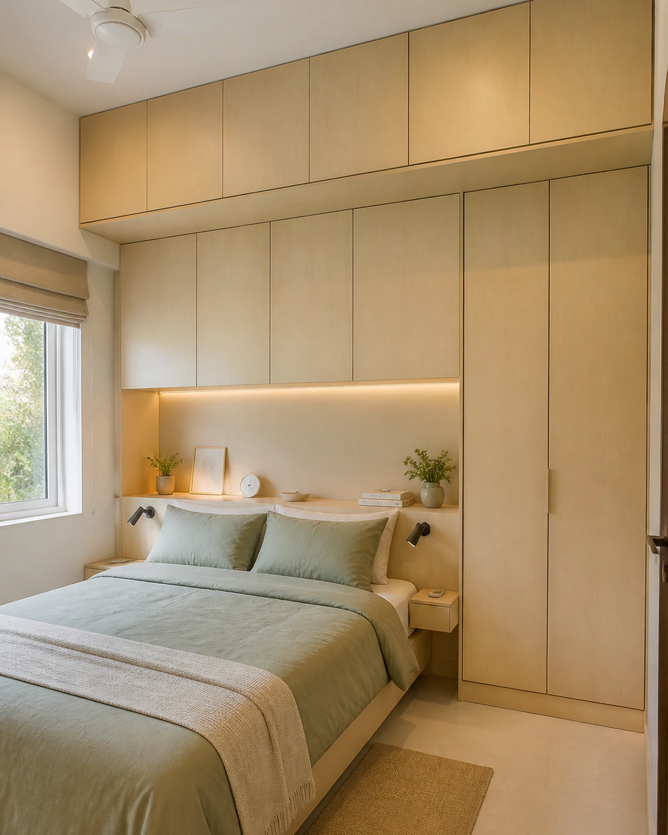 Compact, loft storage interior in the Indo-Scandinavian style
