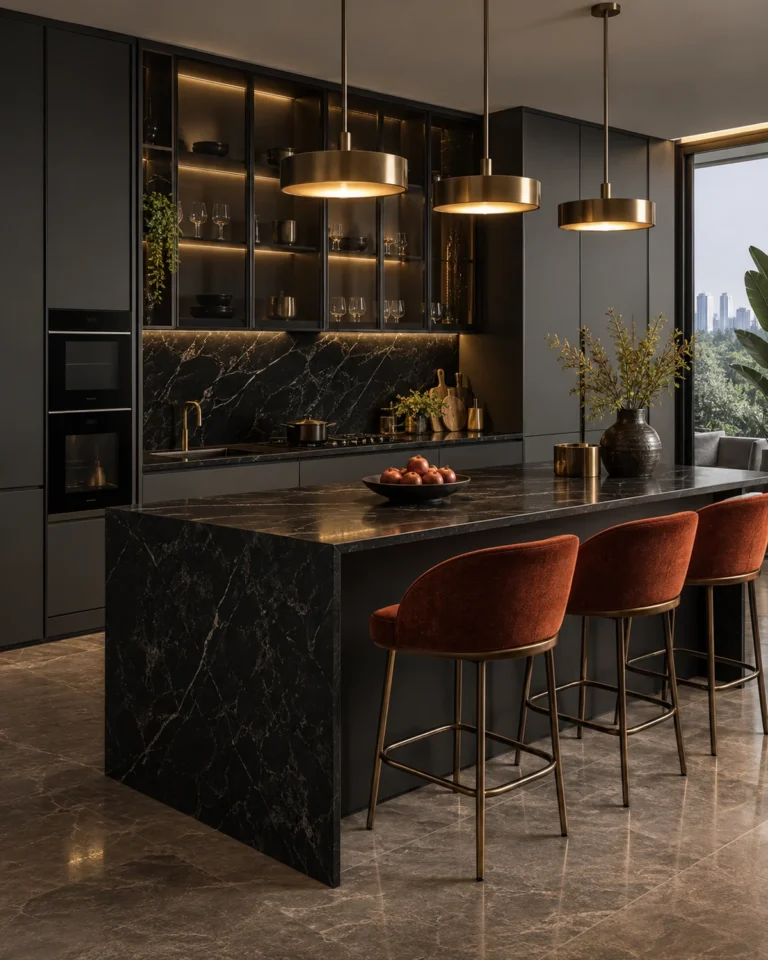 Charcoal modular kitchen with a marble island and brass pendant lights