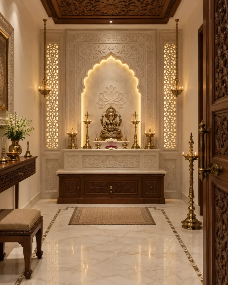 Classic Luxe pooja room design, wall-mounted with marble base layout, for a home in Koramangala