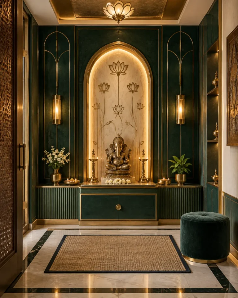 Art Deco Glam pooja room design, jaali-screened alcove layout, for a home in Koramangala