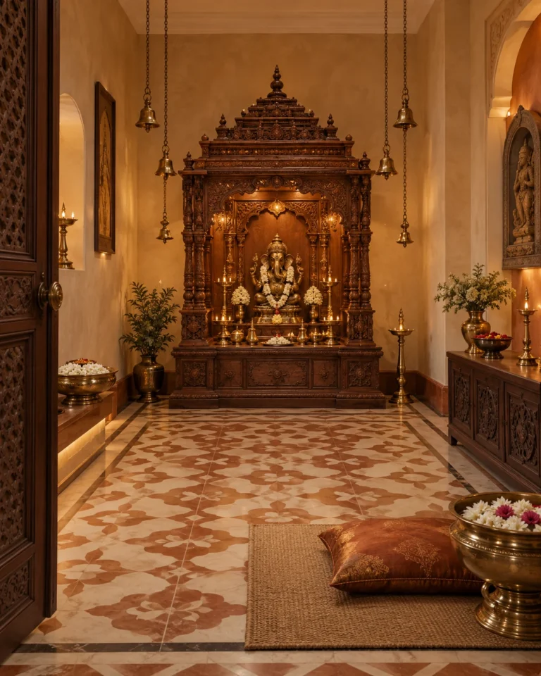 Modern Heritage pooja room design, carved teak temple layout, for a home in Koramangala