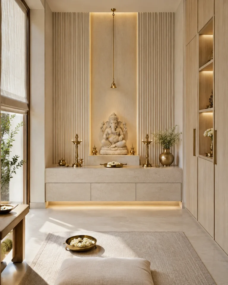 Serene Minimal pooja room design, wall-mounted niche layout, for a home in Koramangala