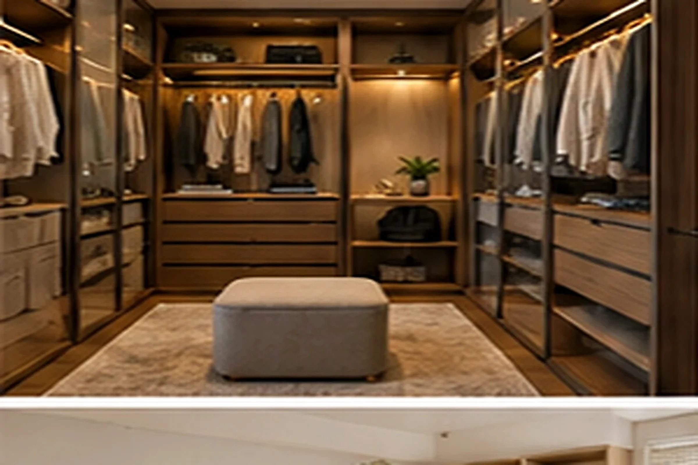 Walk-in wardrobe layout with fitted storage and full-length mirror