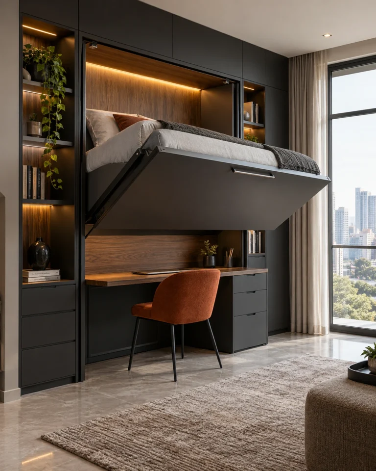 Bold Contemporary space saving design, wall bed with a media wall layout, for a home in JP Nagar