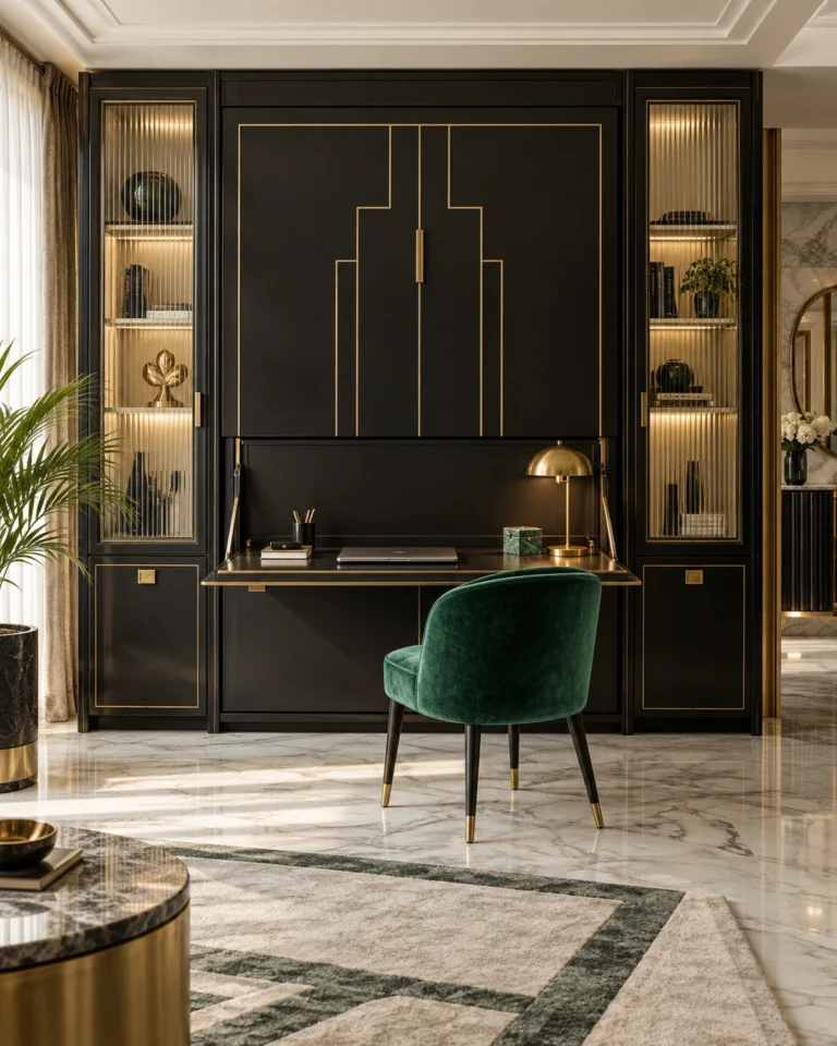 Art Deco Glam space saving design, fluted multi-use island layout, for a home in JP Nagar