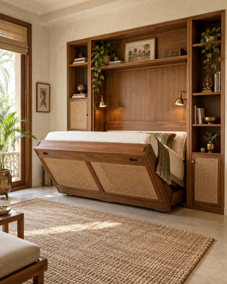 Modern Heritage space saving design, teak folding partition layout, for a home in JP Nagar