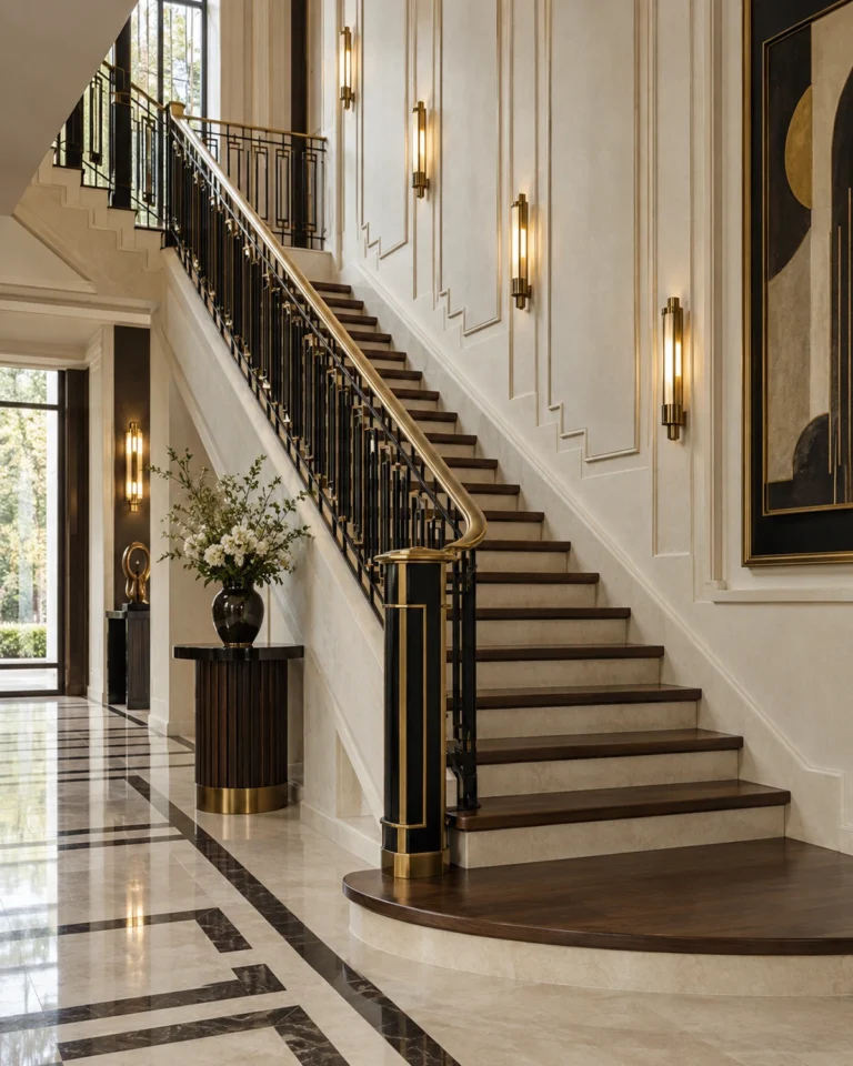 Sculptural staircase with brass railings and Art Deco wall lights