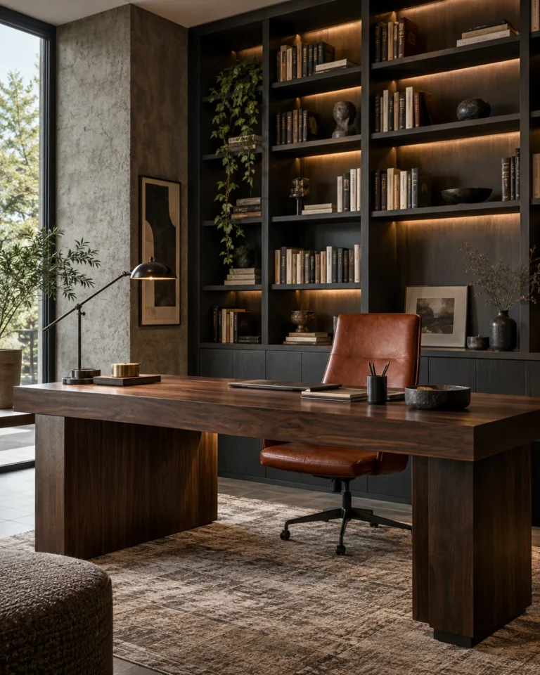 Bold Contemporary study room design, dark desk with a slat wall layout, for a home in Koramangala