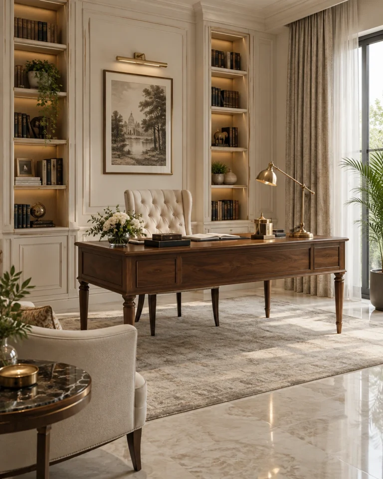 Classic Luxe study room design, panelled study with a library layout, for a home in Koramangala
