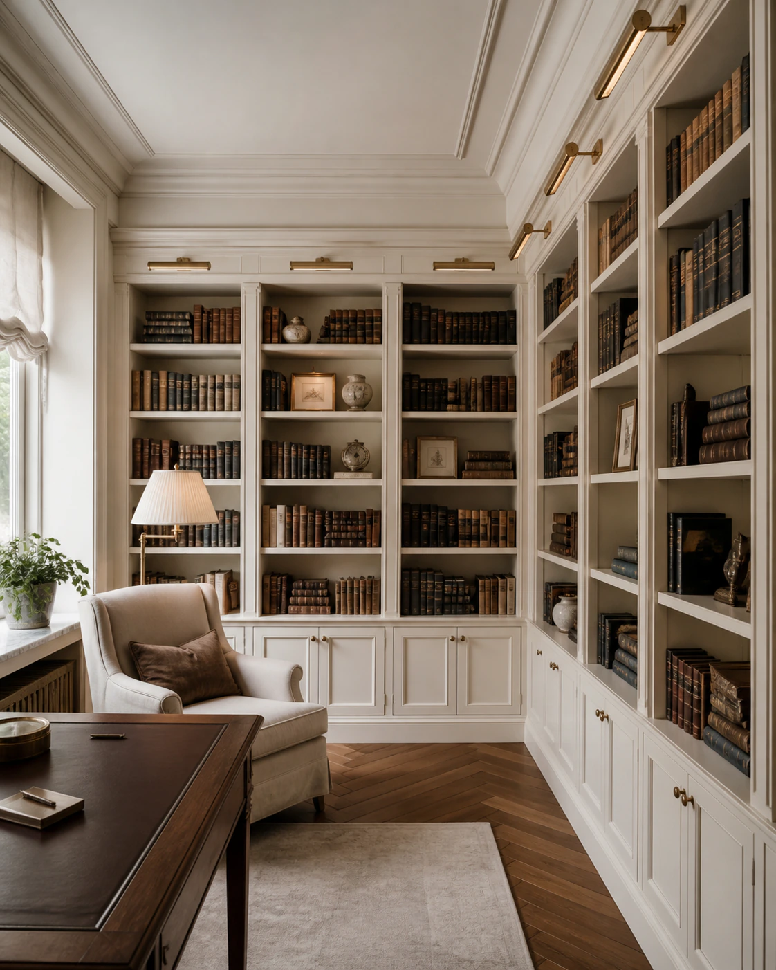 Panelled study with a library interior in the Classic Luxe style