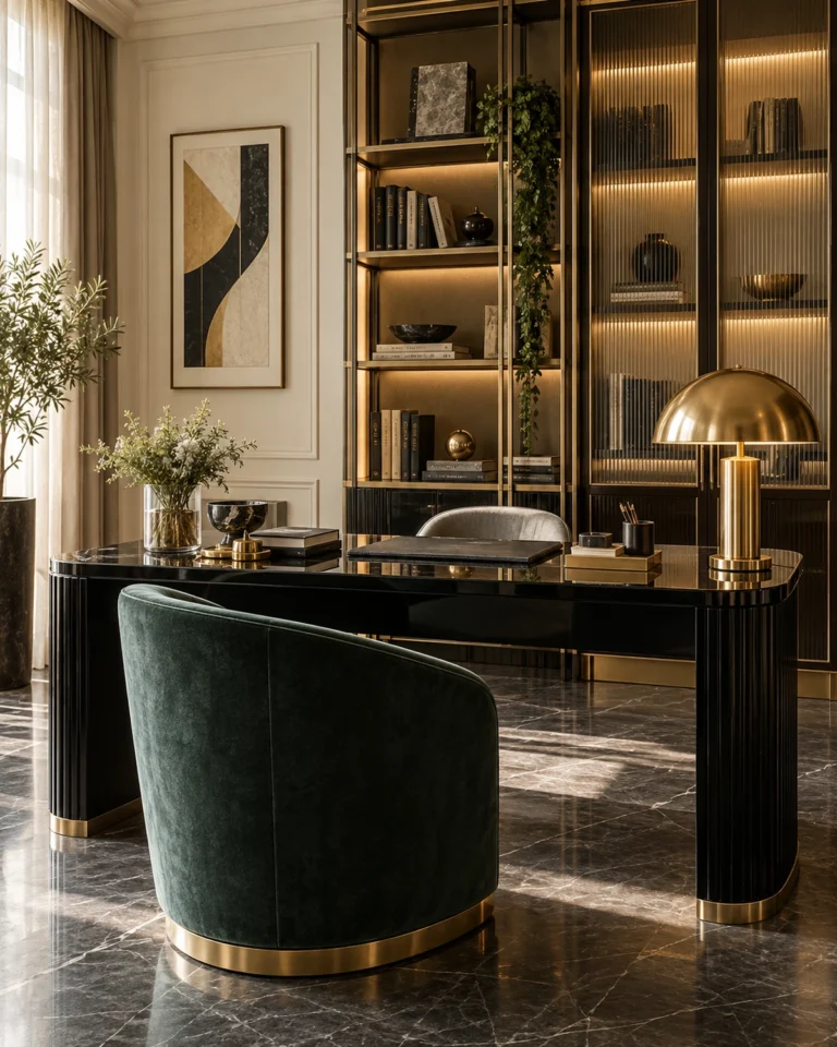 Art Deco Glam study room design, fluted desk with a lit shelf layout, for a home in Koramangala
