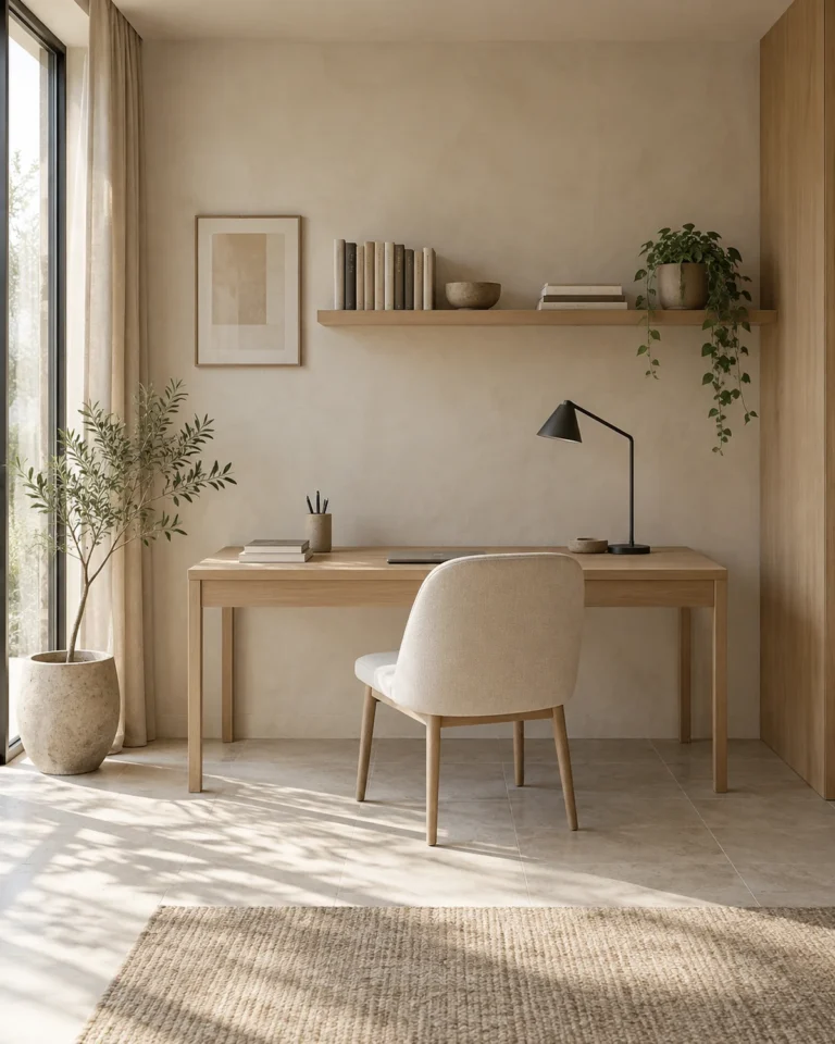 Serene Minimal study room design, wall-hung desk with a pinboard layout, for a home in Koramangala