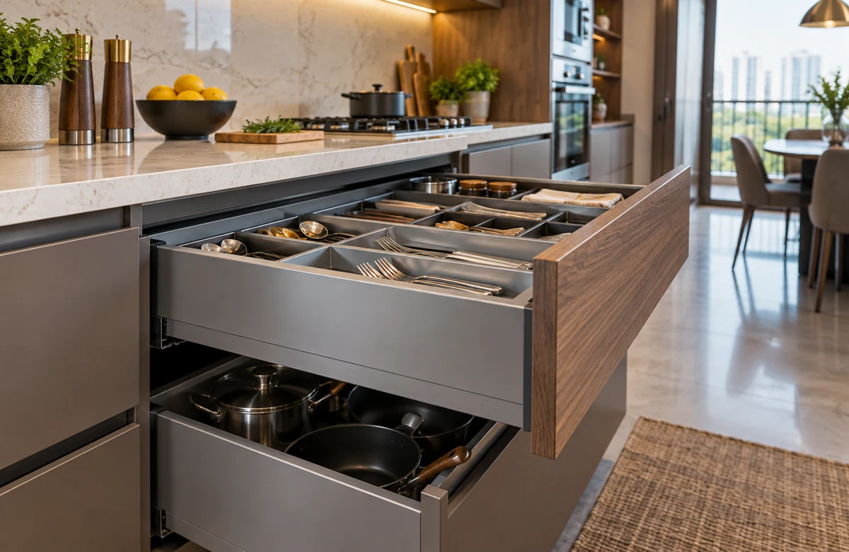 Tanden Box soft close tandem drawer system in a premium modular kitchen