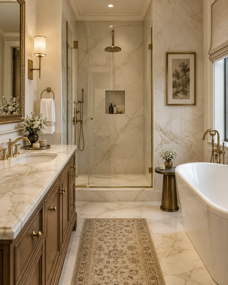 Classic Luxe tile design, book-matched slab layout, for a home in JP Nagar