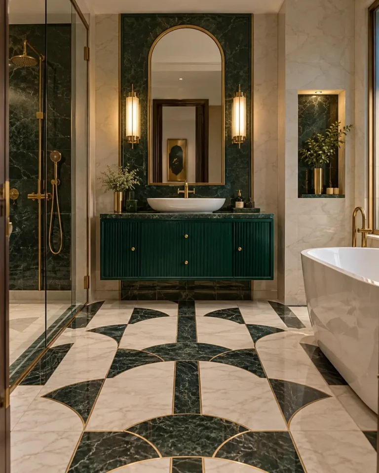 Art Deco Glam tile design, chequer and geometric inlay layout, for a home in JP Nagar