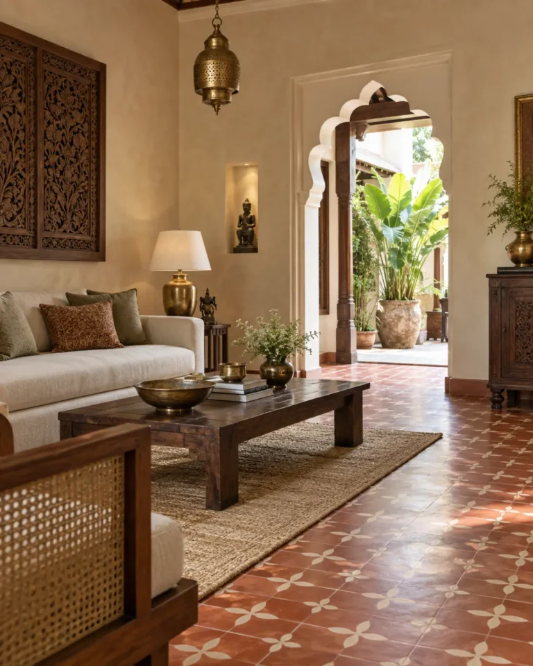 Modern Heritage tile design, handmade zellige layout, for a home in JP Nagar