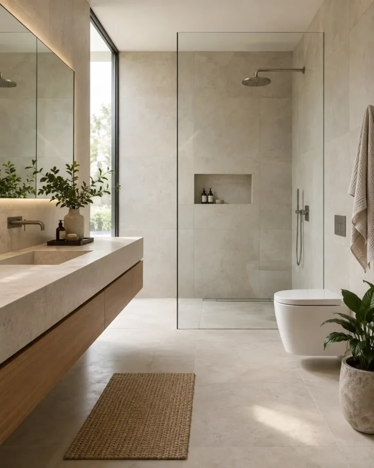 Serene Minimal tile design, large-format, minimal joint layout, for a home in JP Nagar