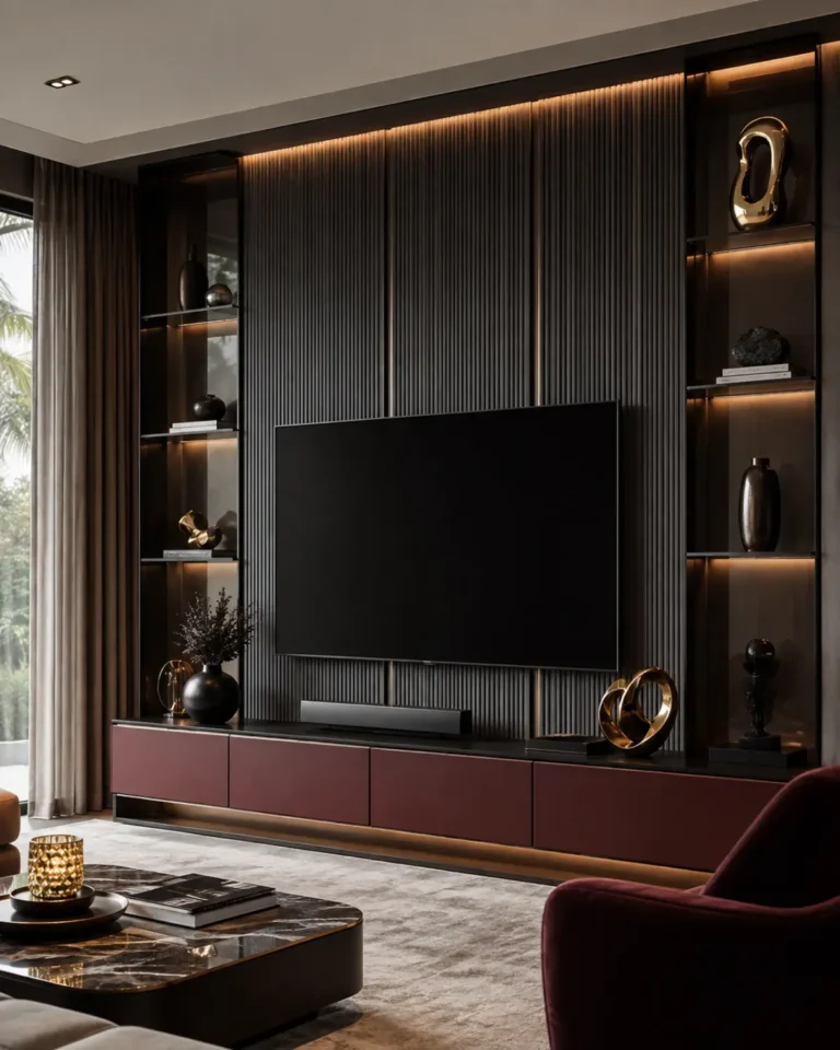 Bold Contemporary tv unit design, floor console with a dark panel layout, for a home in JP Nagar