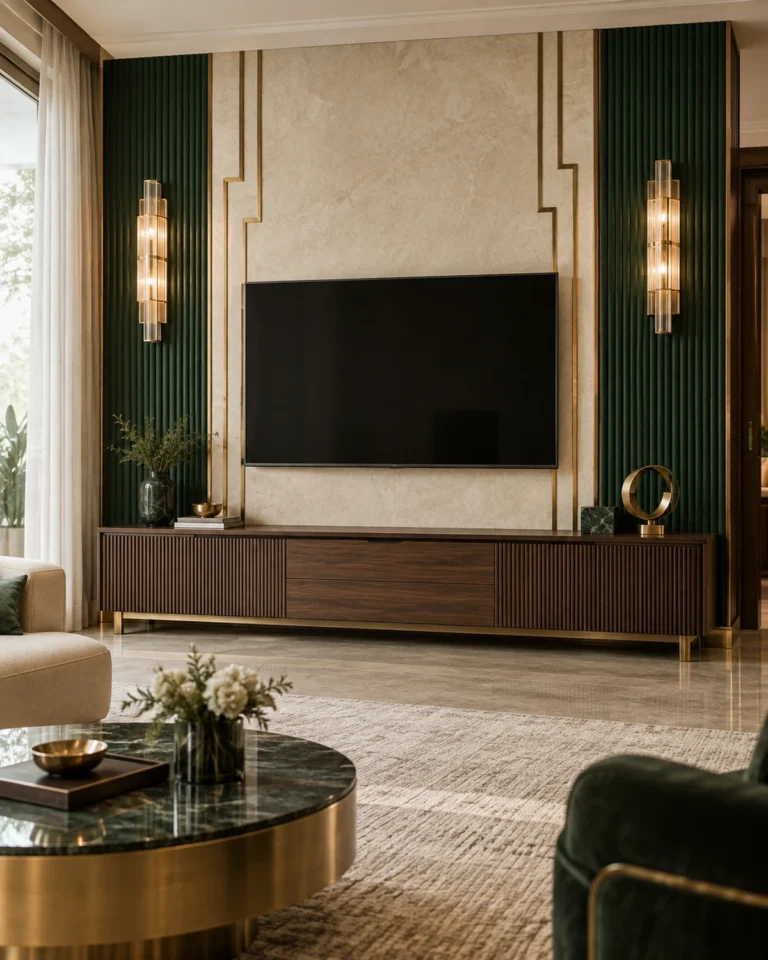 Art Deco Glam tv unit design, room-divider partition layout, for a home in JP Nagar