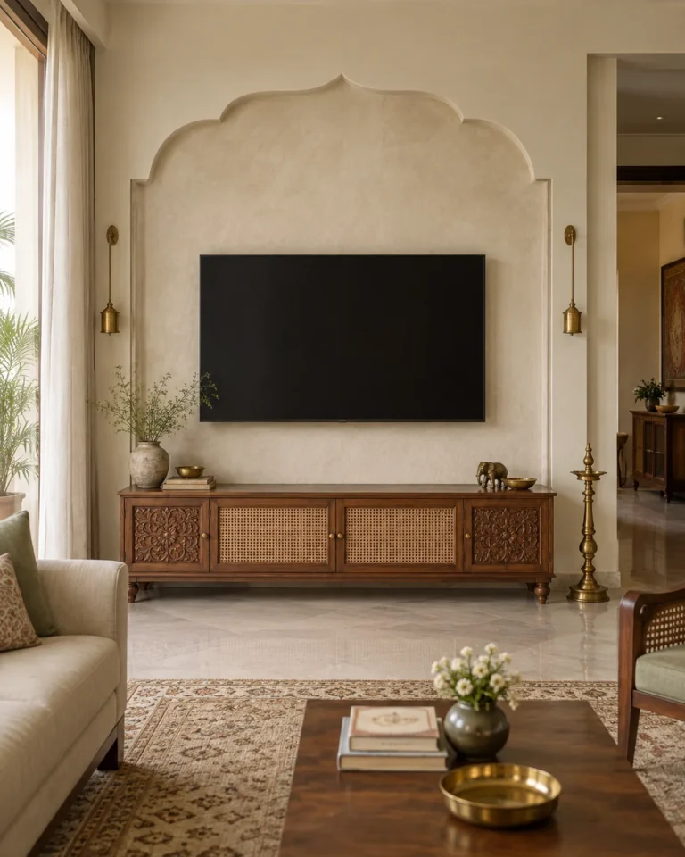 Modern Heritage tv unit design, full teak panel wall layout, for a home in JP Nagar