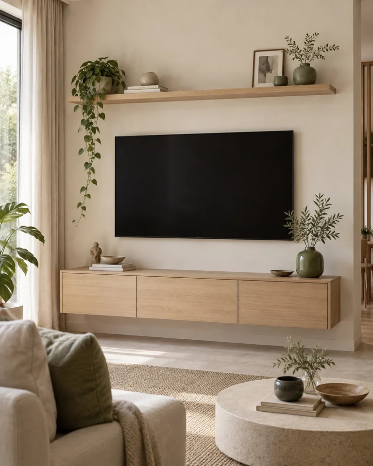 Indo-Scandinavian tv unit design, swivel mount, open shelf layout, for a home in JP Nagar