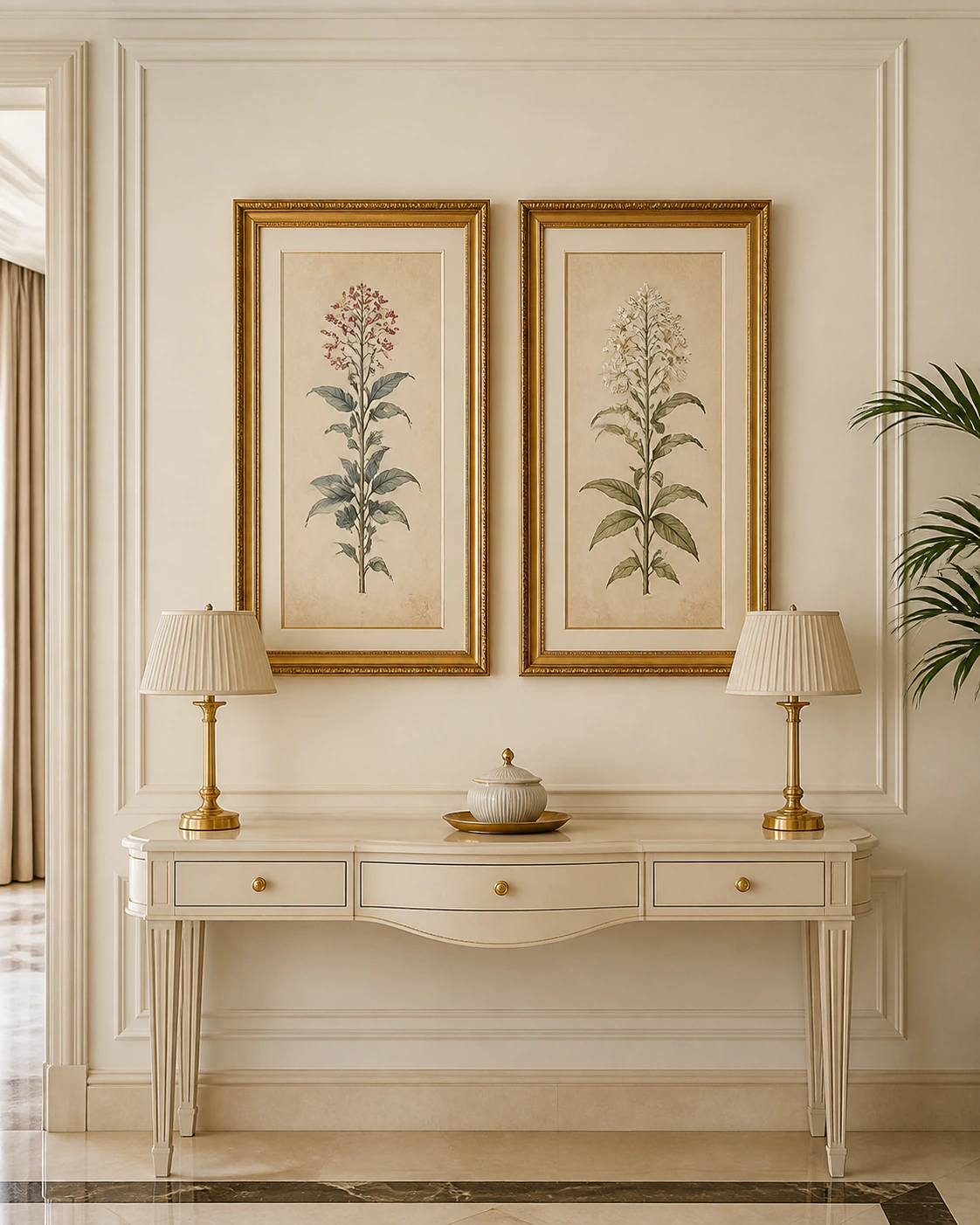 Symmetrical gilt-framed pair interior in the Classic Luxe style
