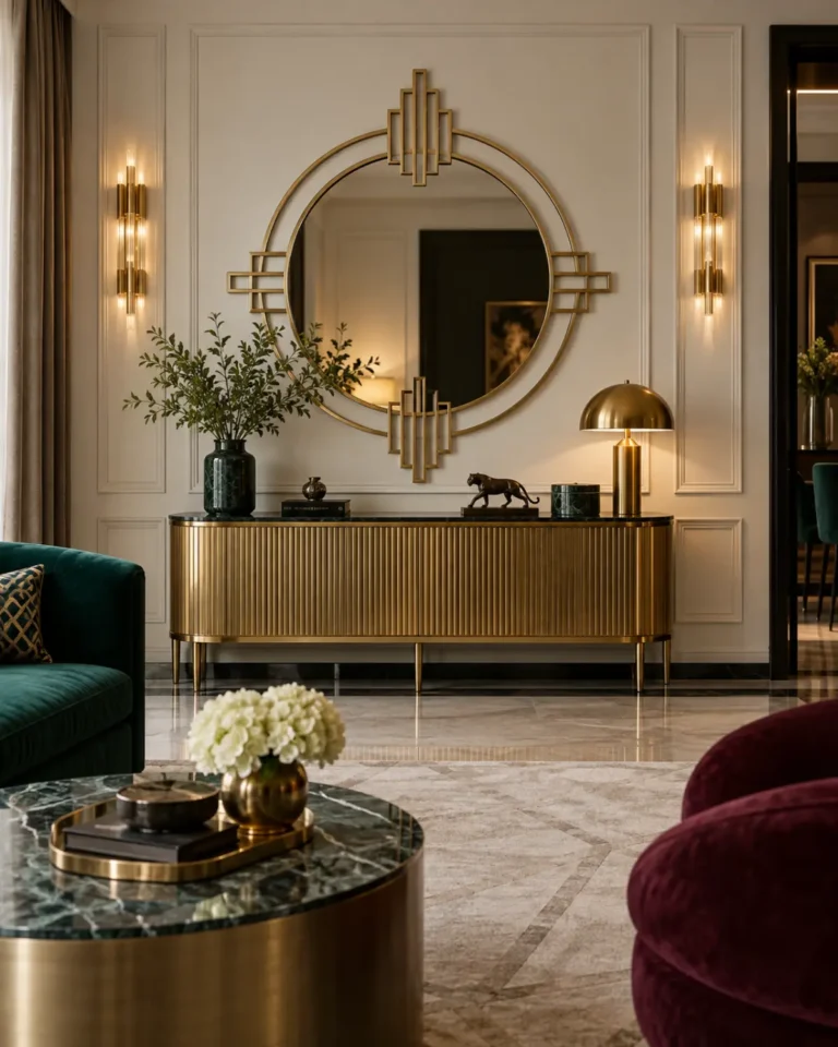 Art Deco Glam wall decor design, mirror and brass composition layout, for a home in Koramangala