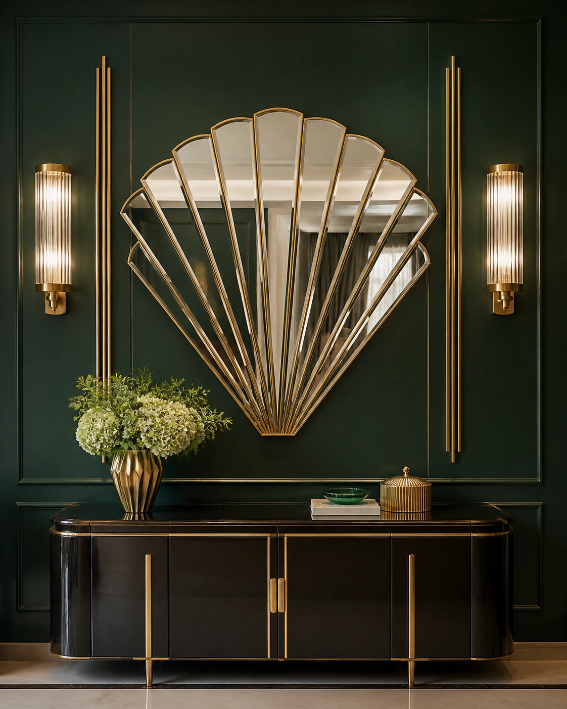 Mirror and brass composition interior in the Art Deco Glam style