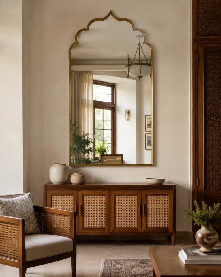Modern Heritage wall decor design, craft panel in teak and brass layout, for a home in Koramangala
