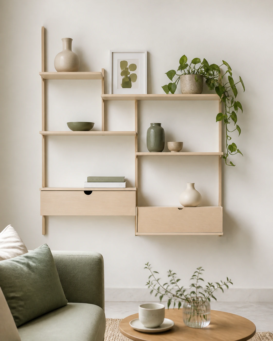 Open shelf with objects interior in the Indo-Scandinavian style