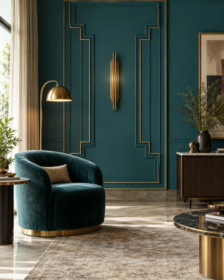 Art Deco Glam wall paint design, emerald lacquered panel layout, for a home in JP Nagar