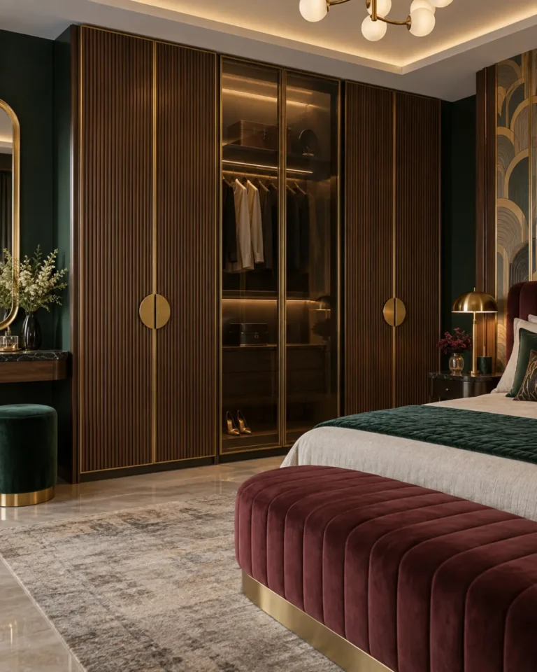 Art Deco Glam wardrobe design, open dresser with fluting layout, for a home in Jayanagar