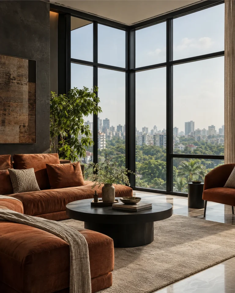 Bold Contemporary window design, black-framed grid layout, for a home in Koramangala