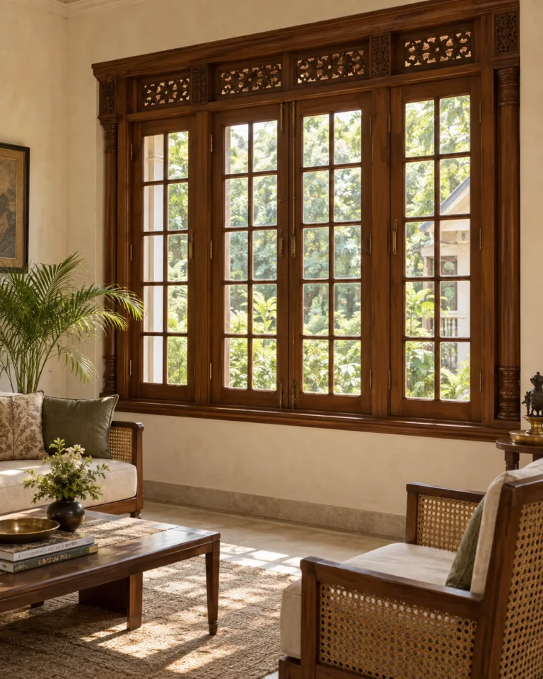 Modern Heritage window design, teak-framed with a jaali shutter layout, for a home in Koramangala